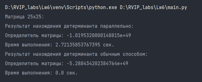 Результат вычисления детерминанта матрицы 25х25: